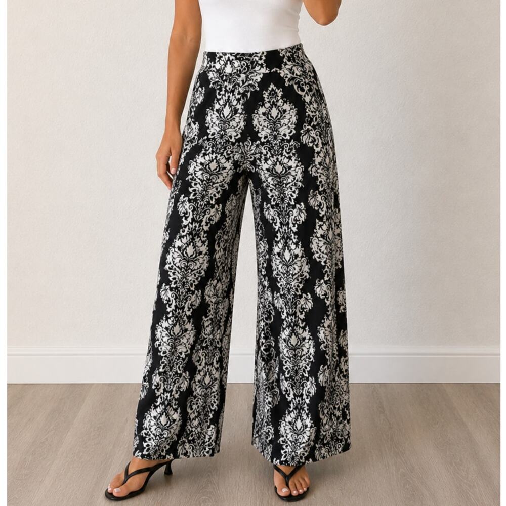 Chatoyant🌿Women Black White Damask Palazzo Pants Wide Leg Stretch Boho USA Med